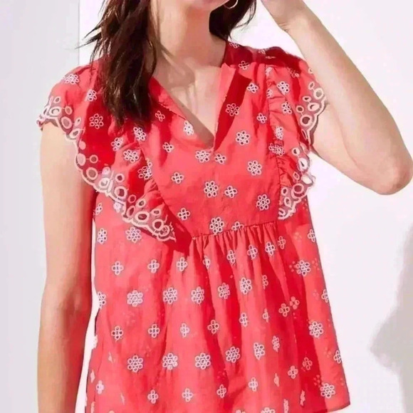 LOFT | Paradise Shell Flutter Sleeve Eyelet Blouse - Picture 1 of 6